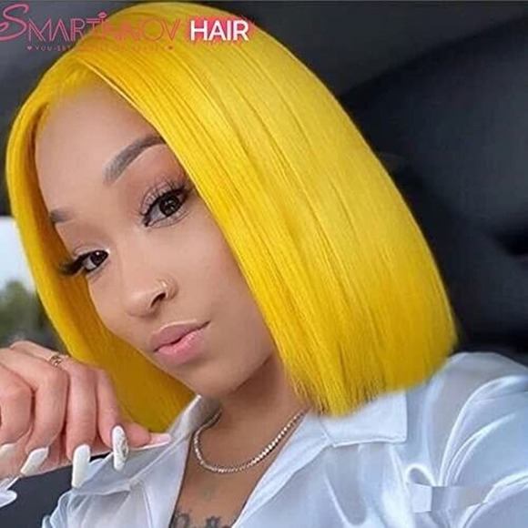Human Hair Bob Wig Pre Plucked Lace Front Brazlian Virgin Hair Yellow 14" Short - Picture 6 of 7